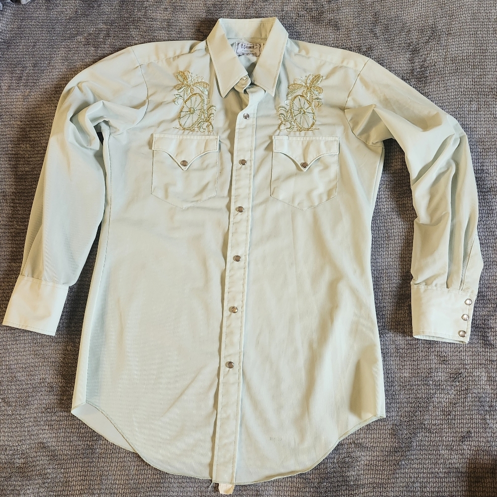 Vintage H Bar C Long Tail California Ranchwear, Lt Green Embroidered, 15 1/2, 33